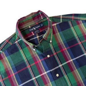Ralph Lauren Blake Mens Large Plaid Button Down Shirt Short Sleeve Green Navy L